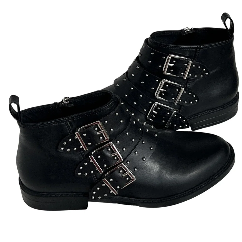 H&M Divided Black Studded Triple Buckle Ankle Boots Wm 5.5 EUR 36 EUC Punk Moto - Picture 2 of 13